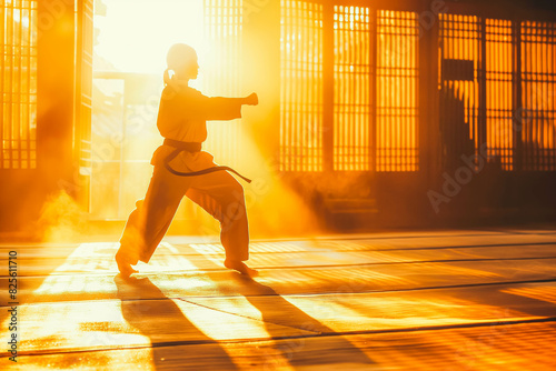 A teenager practicing martial arts in a sunlit dojo, the movements precise and powerful.