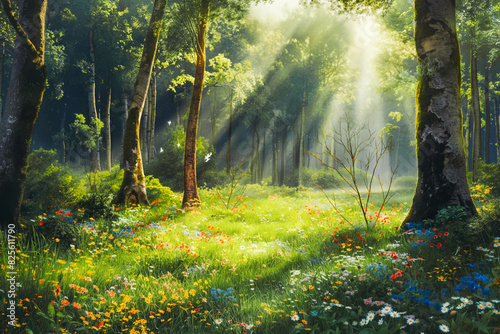 A tranquil forest glade with sunlight filtering through the trees and illuminating a carpet of wildflowers.
