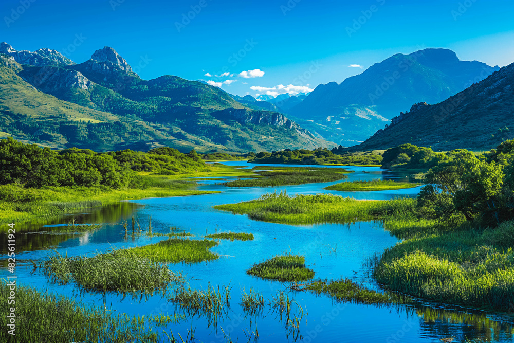 Fototapeta premium A tranquil river winding through a lush green valley, with mountains towering in the distance and a clear blue sky overhead.
