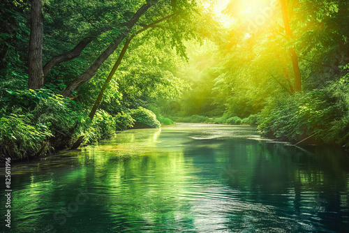 A tranquil river winding through a lush green forest  with sunlight dappling the water s surface and creating a sense of serenity.