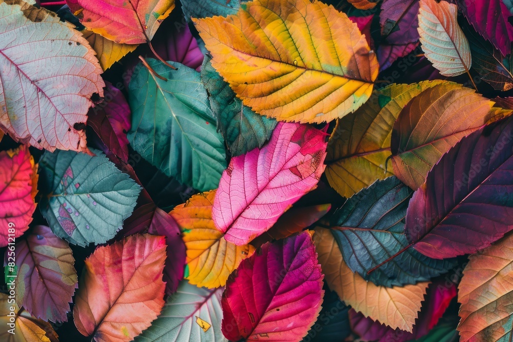 Closeup of multicolored fallen leaves, showcasing autumn's diverse color palette