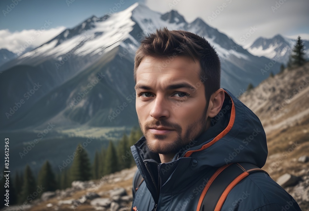  Portrait of a handsome man on a mountain. hiker, hiking. adventure,