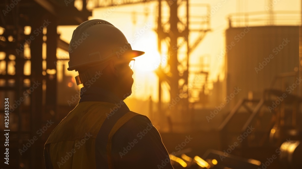 A foreman directing and overseeing the workers his hard hat shining in the soft morning light.