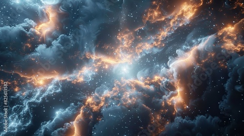 Clouds of ethereal particles gravitating towards one another in a cosmic ballet. photo