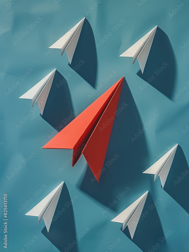 Red paper plane and many white paper planes fly on blue sky and white clouds. Concept of freedom and leadership in paper plane symbol. Red paper plane and many white paper planes fly on blue sky and white clouds. Concept of freedom and leadership in paper plane symbol.