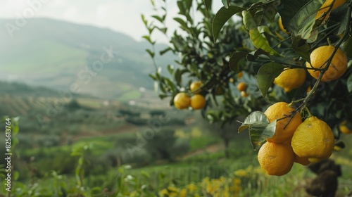 Sicilian lemons hanging from a tree in the rural landscape