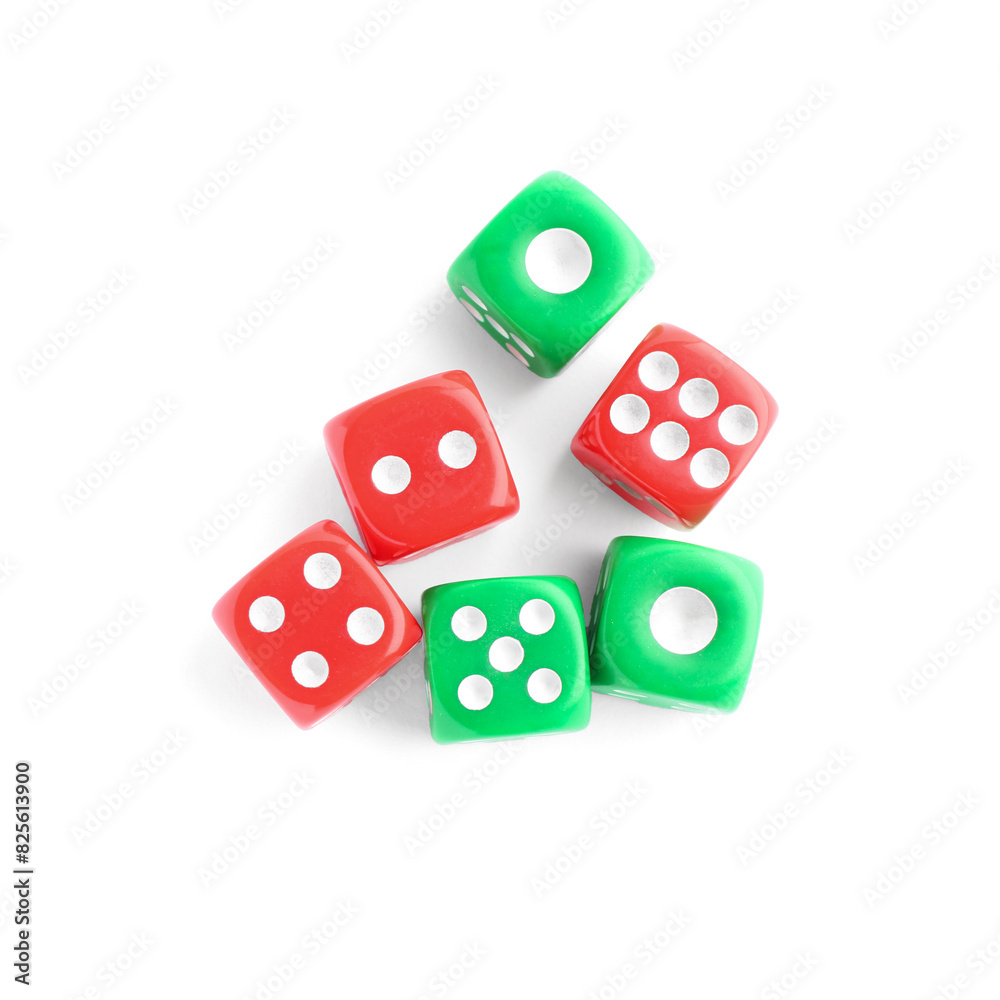 Many green and red game dices isolated on white, top view Many green and red game dices isolated on white, top view