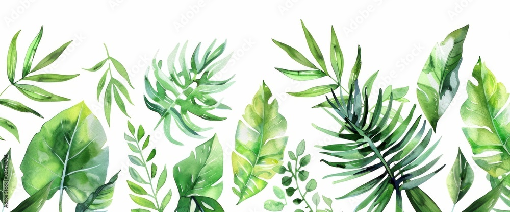 Tropical Green Leaves Watercolor Illustration on White Background for Travel, Nature, Beauty, Art Concepts Tropical Green Leaves Watercolor Illustration on White Background for Travel, Nature, Beauty, Art Concepts