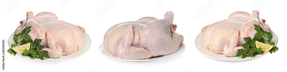 Set of whole raw chicken isolated on white, different sides Set of whole raw chicken isolated on white, different sides