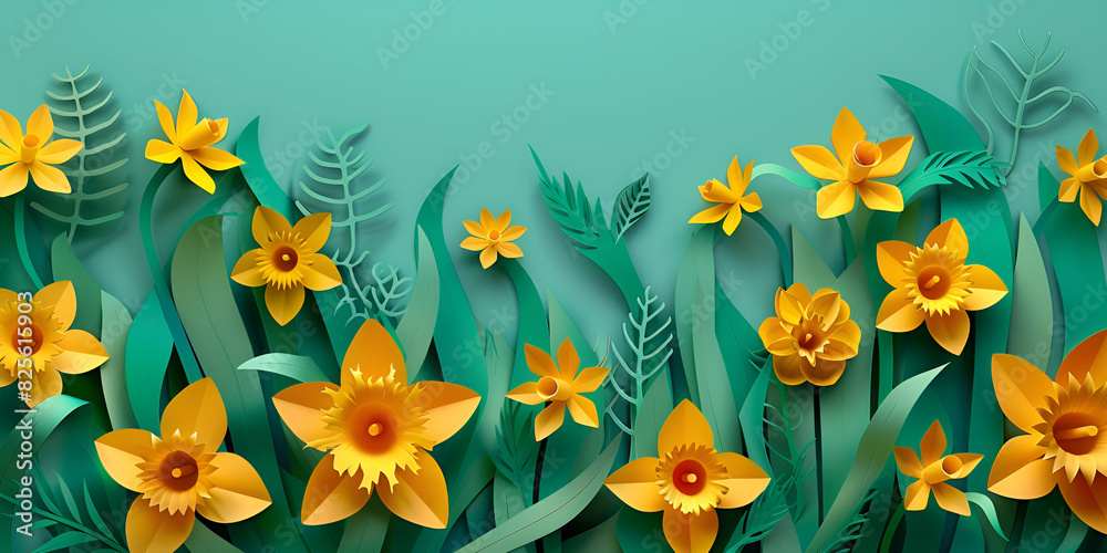 a border floral flowers of paper cutouts of yellow flowers and green leaves on a teal background