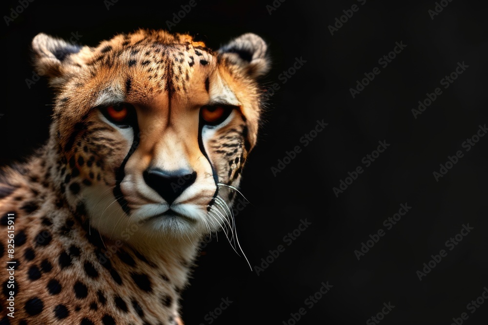 Obraz premium Mystic portrait of Iranian Cheetah in studio, copy space on right side, Anger, Menacing, Headshot, Close-up View Isolated on black background