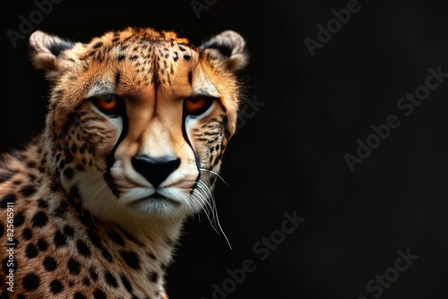 Mystic portrait of Iranian Cheetah in studio  copy space on right side  Anger  Menacing  Headshot  Close-up View Isolated on black background
