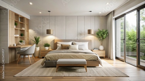 Minimalist bedroom with neutral colors and fresh design