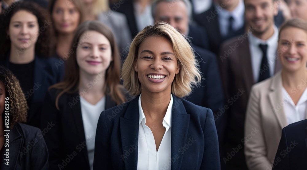 a crowd of business people smiling and looking at the camera in a front view, a group of many diverse businesspeople, a business woman standing out from the rest wearing a suit jacket. generative AI a crowd of business people smiling and looking at the camera in a front view, a group of many diverse businesspeople, a business woman standing out from the rest wearing a suit jacket. generative AI
