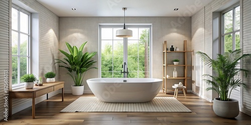 A contemporary bathroom with a white bathtub and no decorations photo