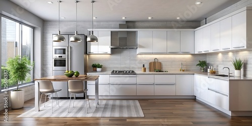 A minimalist kitchen with white cabinets and stainless steel appliances photo