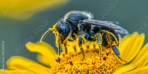 Macro of Sweat Bee Lasioglossum on Yellow Flower photo