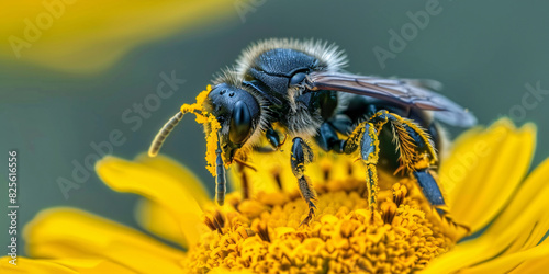 Macro of Sweat Bee Lasioglossum on Yellow Flower