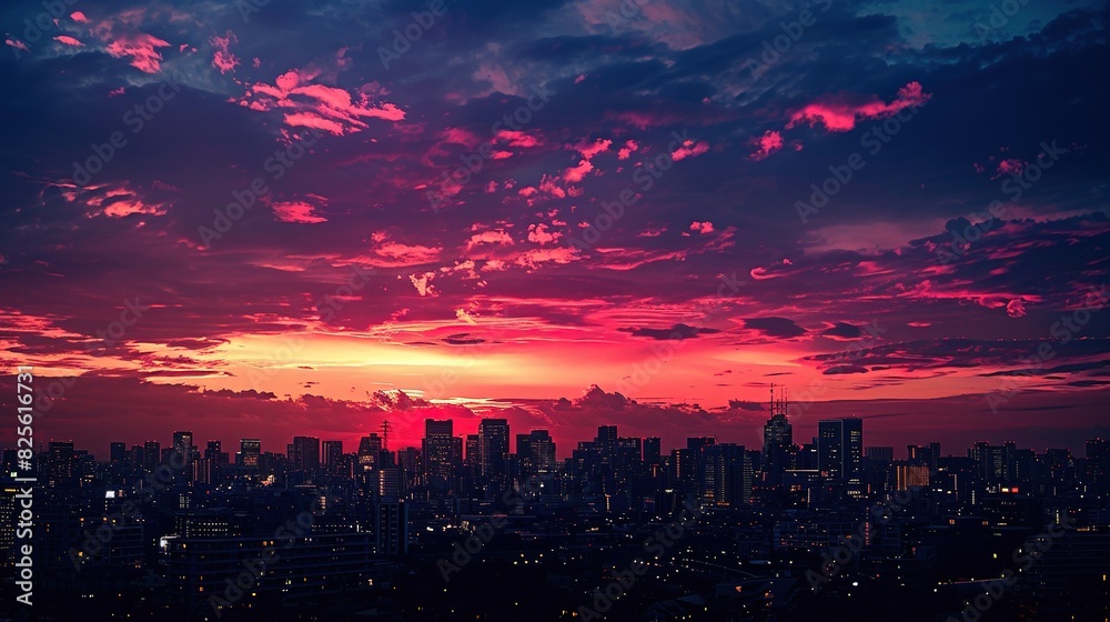 city ​​in pink sunset