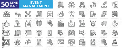 Event Management icon set with manager, project, creation, conferences, ticket application, festival and red carpet.