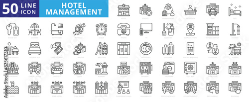 Hotel Management icon set with reception, taxi, bed, key, room service, restaurant, pool, lounge, bathroom and payment.
