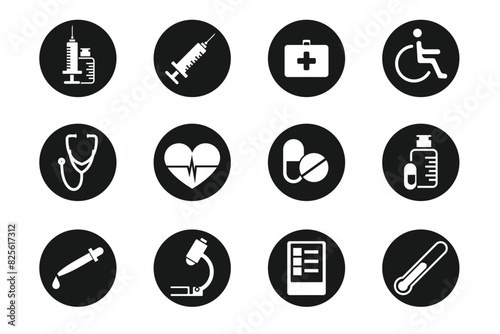 medical and hospital icon set, simple design, available outline, solid, and colored, contains symbols for injection, medicine, microscope, stethoscope, and others, editable vector Eps 10.