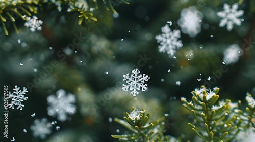 A close-up of delicate snowflakes gently falling against a blurred background of evergreen trees