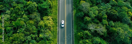 Aerial view of car driving down road in the middle of a lush green forest. Generative AI