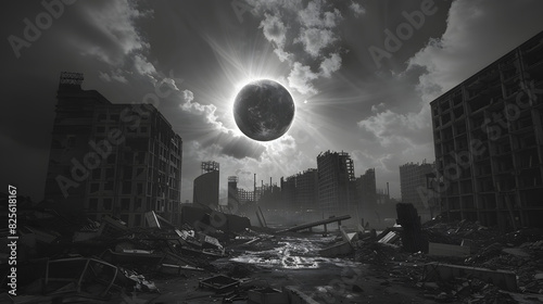 Eclissi Solare Totale: Spettacolo Celeste su un Paesaggio Post-Apocalittico photo