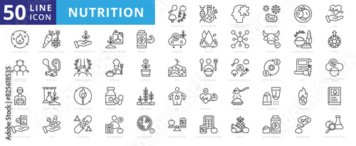 Nutrition icon set with biochemical, physiological process, organism, food, life, metabolized, and chemical structure. photo