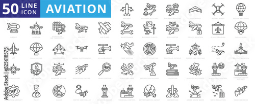 Aviation icons set with mechanical flight, aircraft industry, fixed, rotary wings, hot air balloons, airships, and jets.