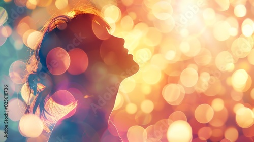 Silhouette of a person gazing upwards surrounded by colorful, dreamy bokeh lights creating a magical and surreal atmosphere.