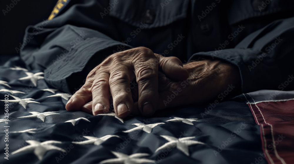 a veteran's hand is holding an american flag. a veteran's hand is holding an american flag.