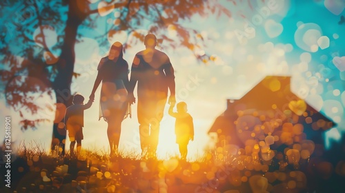 Beautiful silhouette of a family walking together at sunset  with a warm glowing sky and magical bokeh lights in the background.