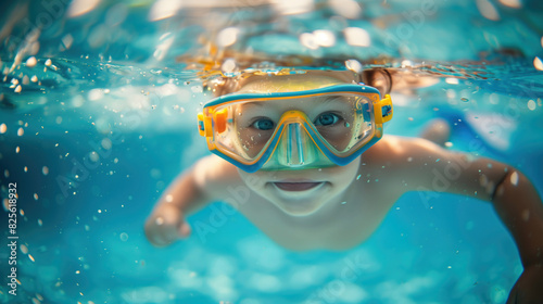 a Cute child snorkeling in the swimming pool
