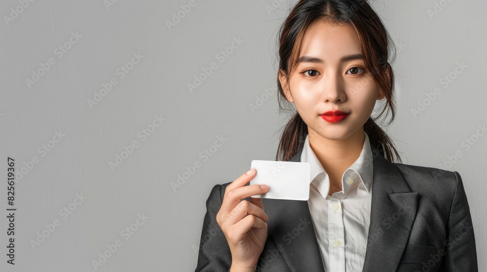 View A Young Asian Businesswoman Showing A Blank Credit Card In A Formal Suit, Demonstrating Financial Readiness And Confidence, High Quality View A Young Asian Businesswoman Showing A Blank Credit Card In A Formal Suit, Demonstrating Financial Readiness And Confidence, High Quality