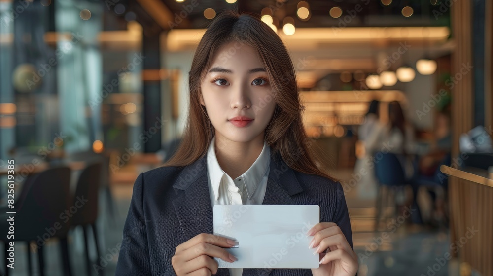 Fototapeta premium View A Young Asian Businesswoman Showing A Blank Credit Card In A Formal Suit, Demonstrating Financial Readiness And Confidence, High Quality