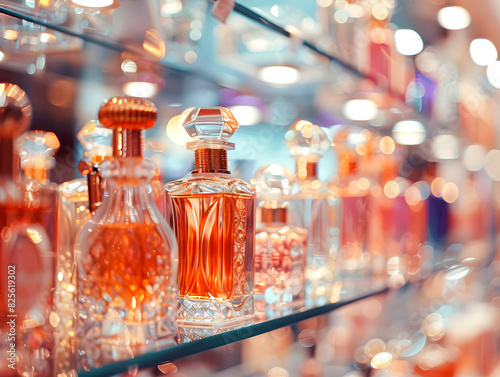 Collection of elegant and ornate perfume bottles arranged on a glass shelf with a blurred perfumery background with a bokeh effect