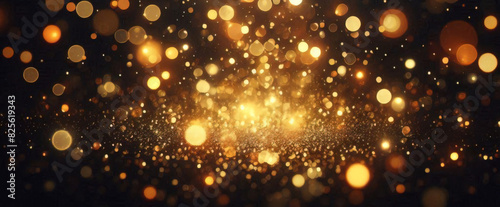 抽象的な豪華なゴールドの背景に金の粒子。キラキラのビンテージ ライトの背景。クリスマスの黄金の光は、暗い背景に粒子のボケ味を輝かせます。金箔のテクスチャです。 © Fabian