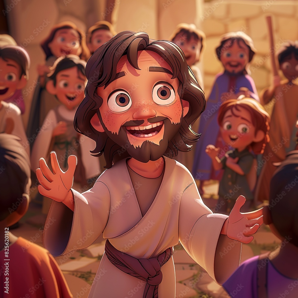 Obraz premium Experience the warmth of a joyful Jesus in this heartwarming cartoon illustration. His kind smile, loving eyes, and serene expression exude happiness, compassion, and inner peace, spreading comfort 
