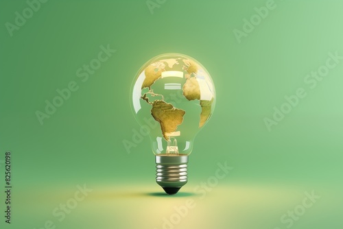Realistic 3D Earth with a bright light bulb hovering above, against a solid pastel green background 