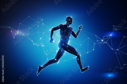 Abstract illustration of a running man formed by intersecting lines and triangles, with a network of connecting points on a blue gradient background  © -DEAR-