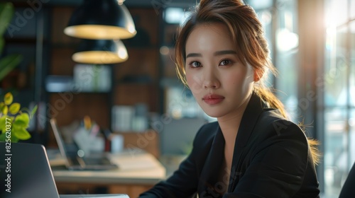 Witness The Charm Of An Asian Businesswoman As She Works With A Laptop In The Office, Confidently Meeting The Camera'S Gaze, High Quality