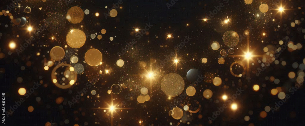 Obraz premium 抽象的な豪華なゴールドの背景に金の粒子。キラキラのビンテージ ライトの背景。クリスマスの黄金の光は、暗い背景に粒子のボケ味を輝かせます。金箔のテクスチャです。