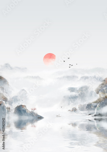 Elegant artistic conception, ink wash landscape painting background
