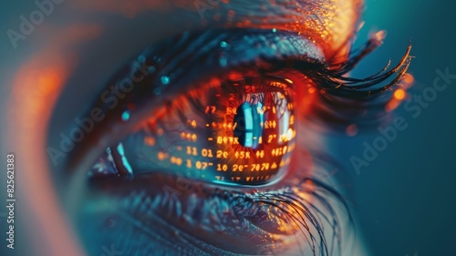 A close-up of a digital eye with a reflection of a network grid  symbolizing surveillance and data