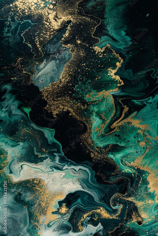 The abstract backgrounds blend dark and light green with gold hues, highlighted by white ink-like fluid patterns reminiscent of marble stone, evoking sophistication and luxury. The abstract backgrounds blend dark and light green with gold hues, highlighted by white ink-like fluid patterns reminiscent of marble stone, evoking sophistication and luxury.