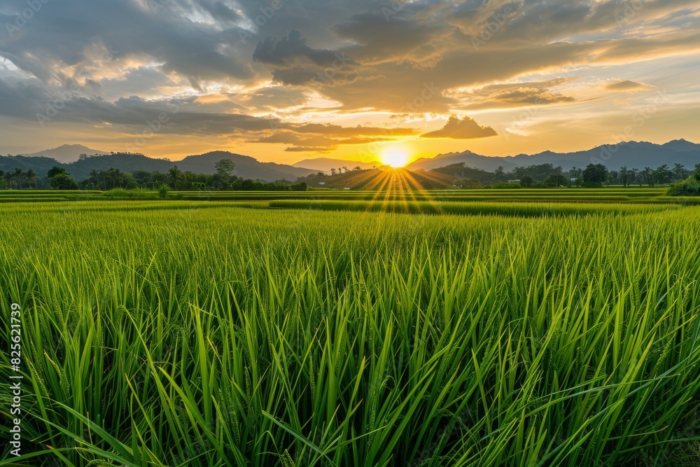 Sunset Over Lush Green Rice Field Sunset Over Lush Green Rice Field