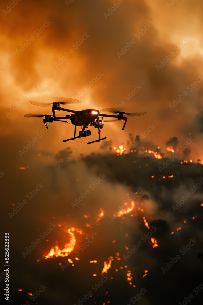 Autonomous drone monitoring wildfire at sunset Autonomous drone monitoring wildfire at sunset