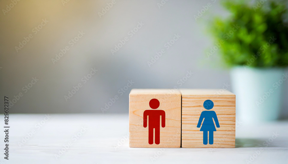Wooden blocks with male and female gender signs on a white table, symbolizing gender identity and equality, against a clean, empty background Wooden blocks with male and female gender signs on a white table, symbolizing gender identity and equality, against a clean, empty background